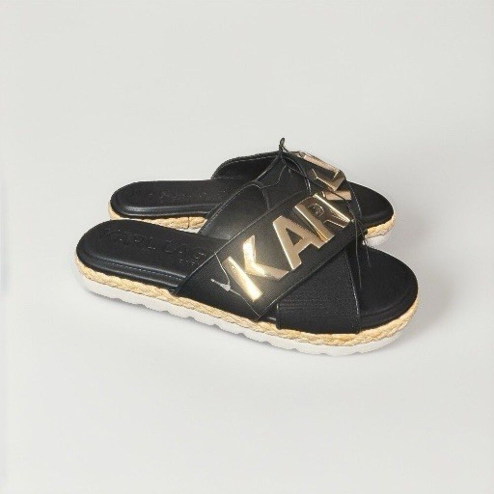 Karl Lagerfeld Paris Catherine Slide Sandals Womens 8 Black Gold Espadrille
